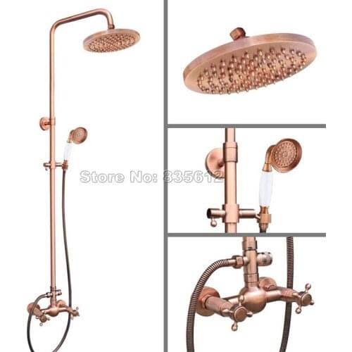 8" Shower Head Wall Mounted Antique Red Copper Bathroom Rain Shower Faucet Set /Dual Handles Mixer Tap + Handheld Shower Wrg526