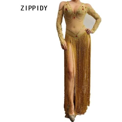 Transparent Gold Red Stones Long Fringe Mesh Bodysuit Bar Dance DS Bodysuit Prom Womens Birthday Celebrate Outfit