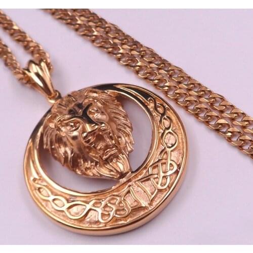 For Mens XMAS Holiday Gifts Biker Large Gold Lion King Stainless Steel Casting Pendant Necklaces Curb Chain 5mm 24