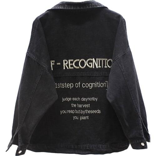 2020 Spring Autumn Denim Jacket Casual Loose Coat Letter Jeans Jacket Turn Down Collar Denim Coat Female Streetwear Outwear P712