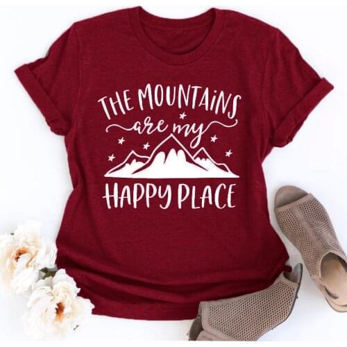 The Mountains Camping T-Shirt Happy Place Graphic Tumblr Tee Funny Casual Mountains Clothing Grunge Gift Tops Cotton Camisetas