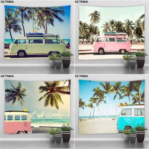 Bus Palm Tree Beach Tapestry Thin Polyester Ocean Wall Hanging Picnic Mat Blanket Theme Hotel Bedroom Decorate Home Room Decor