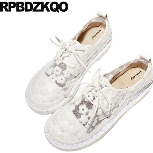Mesh Lace Up Ladies Cheap Shoes China White Flower Flats Beautiful Blue Round Toe Summer Japanese School Soft Women Breathable