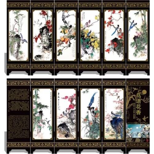MINI Folding Screens 6 Joined Panels Decorative Painting Wood Byobu Birds & Blooms Birdsong Singing Sweet-scented Flowers
