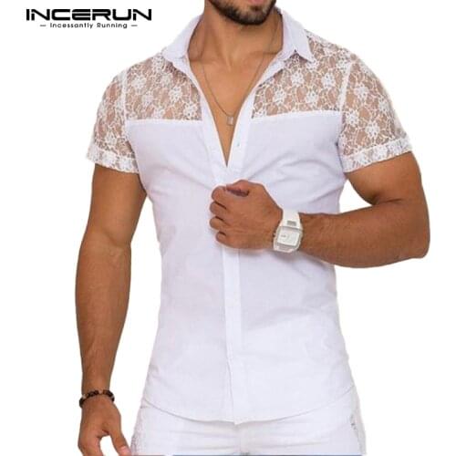 Men Shirt Lace Mesh Patchwork Lapel Short Sleeve Streetwear See Through Sexy Camisas Summer 2021 Party Men Clothing INCERUN 7
