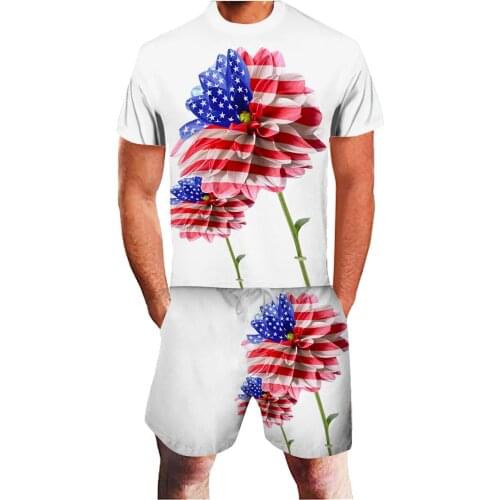 2021 Mens Summer Set American Flag Flower Print Independence Day Casual Suit High Quality Comfy Fashion Suit Roupas Masculinas