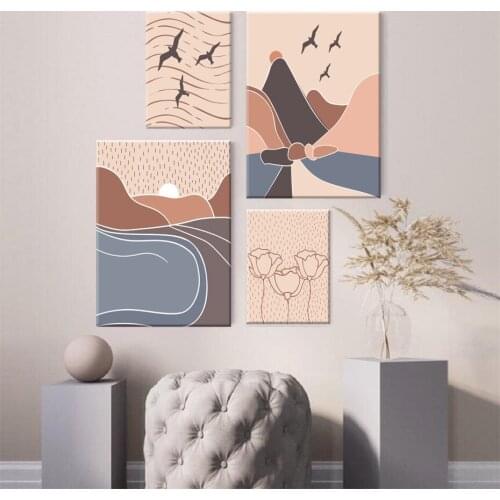 Abatract Nature Mountain Landscape Wall Art Canvas Prints Seagull Sunrise Lake Flower Boho Picture for Living Room Home Decor