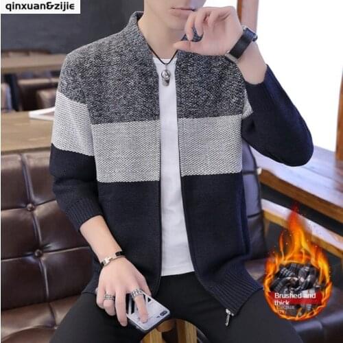 New Casual Zip Up Mens Sweater Oversize Thickened Patchwork Cardigan Male Warm Long Sleeve Jacket Coat Autumn Winter 2021