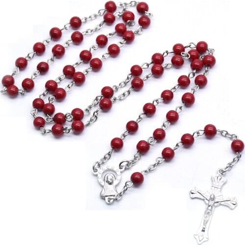 Catholic Rosary Necklace 6mm Red Beads Trinity INRI Crucifix Cross Pendant Religious Pray Jewelry Christian Believer Gifts