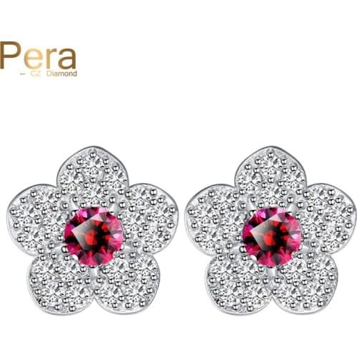 Pera Trendy Big Sun Flower Shape Cubic Zirconia Silver Color Jewelry Red Stone Paved Cute Stud Earrings For Ladies E109