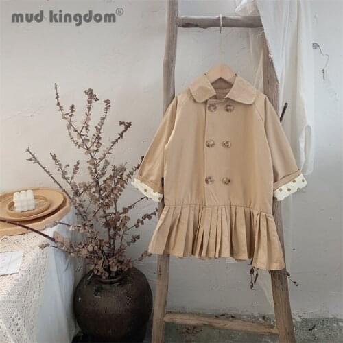 Mudkingdom Girls Dress Windbreaker Solid Double Breasted Turn-down Collar Long Sleeve Pleated Dresses for Kids Spring Autumn