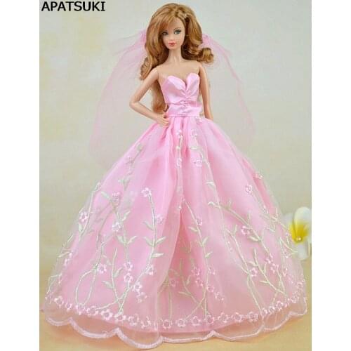 Pink Pretty Wedding Dress For Barbie Dolls Clothes Party Gown Long Dress + Veil Lace Vestido Clothes For 1/6 BJD Doll Clothes