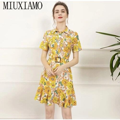 MIUXIMAO 2021 Spring Summer Party Dress Flower Print Half sleeve Office Lady Casual Dress Women Vestidos With Belt