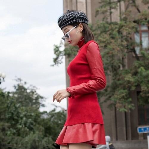 2020 New Bow Red Turtleneck Pullovers Women Fashion Harajuku Knitted Sweater Ladies High Neck Leather Long Sleeve Winter Clothes