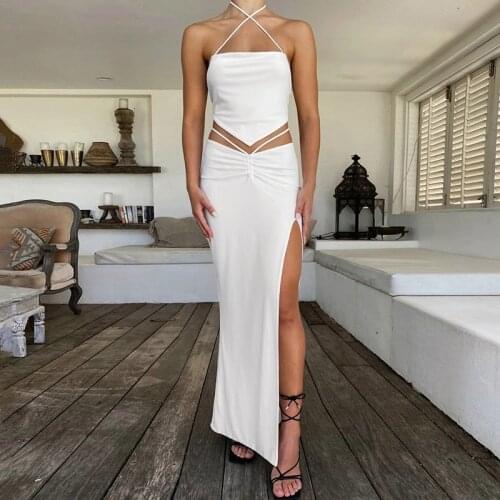 Woman 2 Pieces White Crop Top Suits With Skirt Female Sexy Party Summer Long Split Skirts Sets Womens 2021 Slip Halter Tops Set