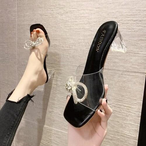 Transparent thick heel slippers women new summer fashion outer wear 2021 Korean foreign trade high heel sandals