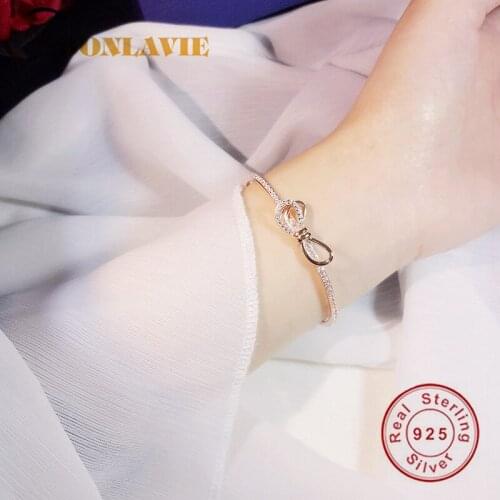 BONLAVIE S925 Sterling Silver Bow Bracelet Womens Fashion Rose Gold Zircon with Diamond Bracelet Cute Jewelry