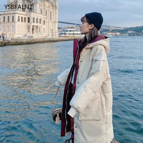 2020 Korean Down Jacket Women Cotton Clothing Hooded Stitching Zipper Concealed Straight Long Ladies Winter Clothes Coat Thicken