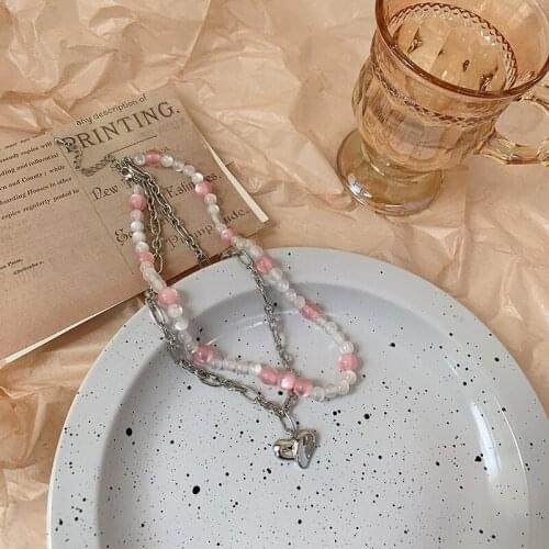 U-Magical Fashion Love Heart Chain Metallic Pendant Necklace for Women Sweet Pink Beaded Opals Asymmetry Necklace Jewellery