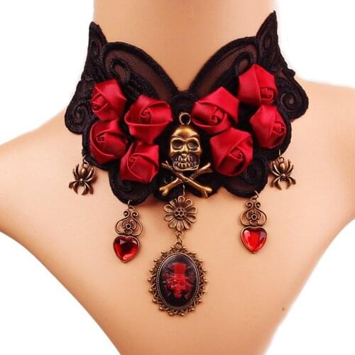 Red Rose Flower Necklaces For Women Bowknot Sexy Lace Charm Choker Steampunk Skull Pendants Necklaces Statement Fashion Jewelry
