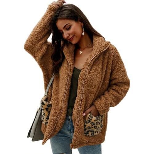 Casual Winter Coat Women Warm Solid Color Teddy Coats and Jackets Fashion New Zipper Leopard Pocket Outerwear 2021 Promotion