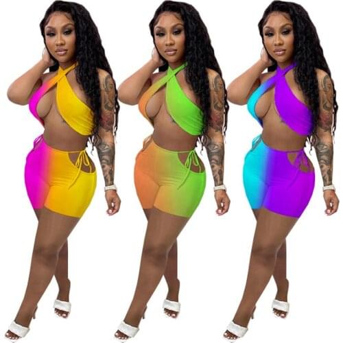 ZKYZWX Gradient Two Piece Club Outfits for Women Summer Clothes Halter Crop Top Biker Shorts Tracksuit Sexy Party Matching Sets
