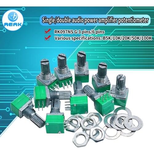 10pcs/lot RK097G 6Pin 5K 10K 20K 50K 100K B5K with a switch audio shaft 15mm amplifier sealing potentiometer