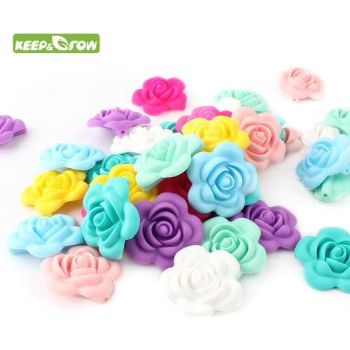 KEEP&GROW 10Pcs Rose Silicone Beads Baby Teether 40mm BPA Free Baby Teething Beads DIY Necklace Nursing Toy Gift Accessories