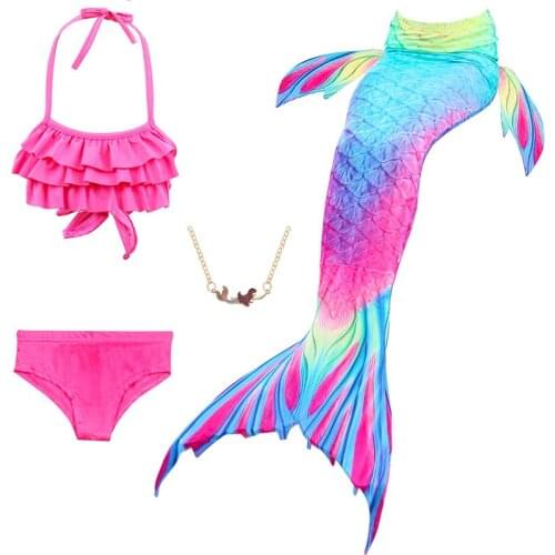 2020 4pics New Kids Mermaid Cosplay Girls Fancy Swimsuit Party Clothes Swimming Mermaid Tails Costume Necklace Goggles Monofin