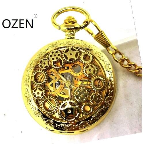 8057G) steampunk accessory Gold tone gear design Hand-wind Mechanical Pocket fob Watch , Dia 4.8cm. 6 pcs/lot