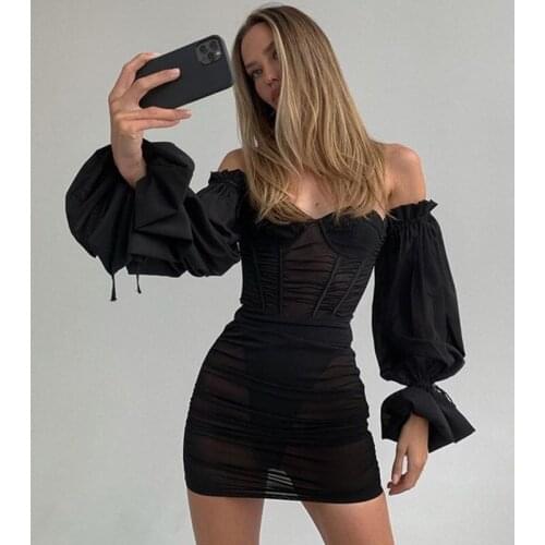 Black See Though Strap Folds Sexy Dress Women Backless Puff Sleeve Bodycon Mini Dress Ladies Holiday Club Brinthday Party Dress