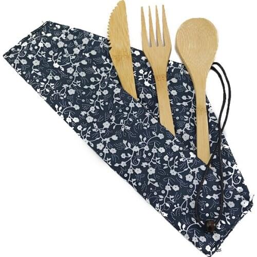 Wood Portable Tableware Wooden Cutlery Sets Travel Dinnerware Suit Environmental with Cloth Pack Gift