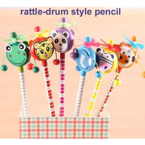 30pcs/lot School Students Prize Children Cartoon Animal Style HB Wooden Pencil Rattle-drum Toy Birthday Gift
