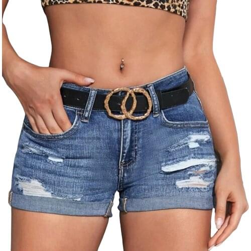 Women’s Ripped Denim Shorts, Casual Mid Waist Rolled Cuff Distressed Stretchy Short Jeans