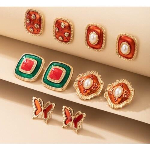 Docona Vintage Colorful Dripping Oil Stud Earring for Women Charm Pearl Flower Square Metal Earrings Wedding Jewelry Accessory