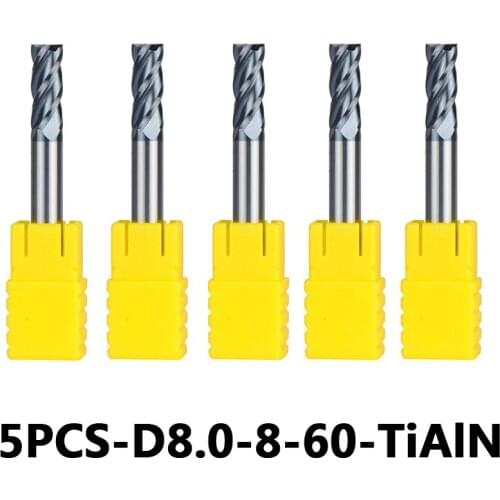 4-Flute Flattened Head Milling Cutters 5pcs/lot D8-8-60 Tungsten Steel End Mills Carbide End mills HRC45 With Straight Shank