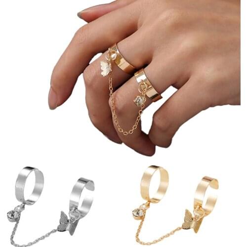 2021 Retro Punk Hip-Hop Butterfly Chain Rings Set Hand Finger Chain Open Adjustable Rings for Girl Women Ring Jewelry Gift