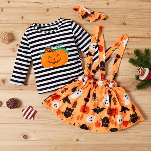 Kids Baby Girl Halloween Clothing Set Long Sleeve Striped T-shirt Top+Pumpkin Straps Skirt Headband Sweet Toddler 3pcs