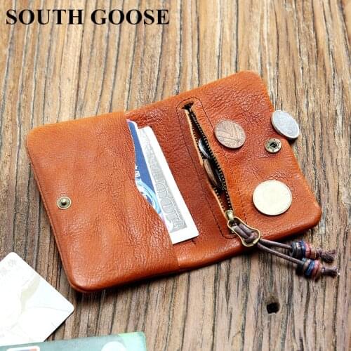 SOUTH GOOSE Genuine Leather Short Wallets For Men Women Coin Purses Card Holder Male Rrtro Handmade Wallet Lady Smart Money Bag