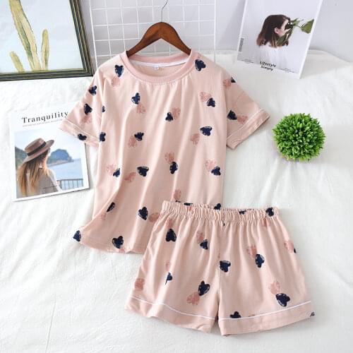 Summer Short Sleeve Cotton Pajamas Women 2021 Heart Print Home Clothes Pyjama Femme Plus Size Loose Homewear Female Shorts Suit