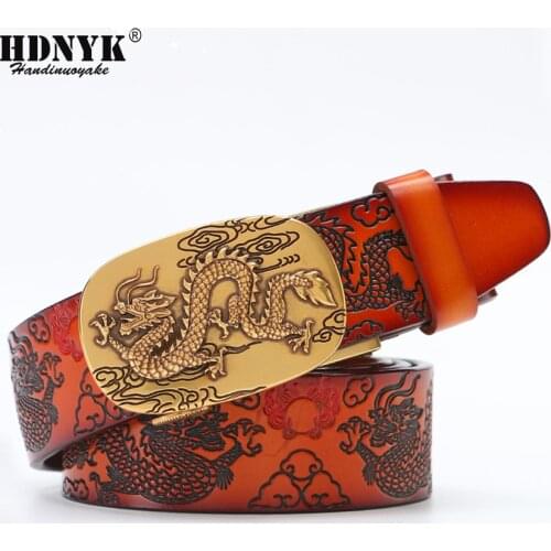 Hot China Dragon Designer Belt Men Cowskin Genuine Luxury Leather Mens Belts for Men Carving Dragon Pattern Automatic Buckle
