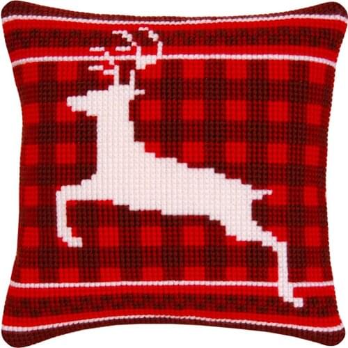 Cross Stitch Cushion Cover Jumping Reindeer Needlepoint Kits Printed Canvas Chunky Yarn Cross-stitch Pillow Case Arts & Crafts