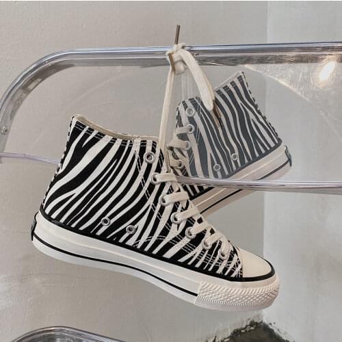Spring New Flat Shoes Women Original Zebra Pattern High-top Womens Canvas Shoes All-match