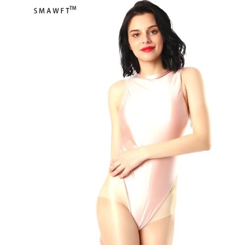 DROZENO 2020 solid color high-cut tights One Piece Swimsuit Sexy Shiny Satin Bathing Suit Glitter Jumpsuit 2020