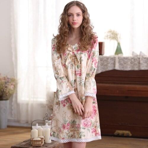 Autumn Vintage Nightgowns V-neck Ladies Dresses Princess Flowers Sleepwear Solid Lace Home Dress Comfortable Nightdress