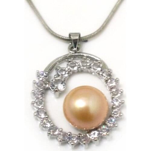 18 inches 20x30mm Zirconia Circle Style 11-12mm Natural Pink Button Freshwater Pearl 925 Sterling Silver Charm Necklace