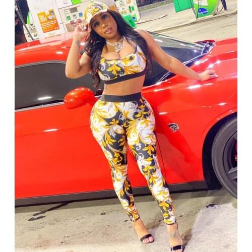 RMSFE 2021 Womens Sleeveless Sling Fashion Sexy Net Red Digital Printing Sports Two Piece Set