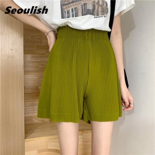Seoulish Summer 2021 New Pleated Womens Shorts Elegant Elastic Waist Office Lady Wide Leg Shorts Casual Female Loose Trousers