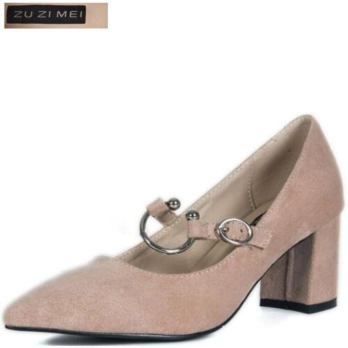 Metal Buckle Word band Shallow Wedding Shoes Women Pumps Solid Flock Pointed Toe Fashion High Heels Shoes Womens