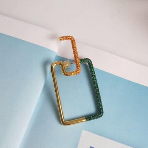 SLJELY Fashion S925 Sterling Silver Jewelry Irregular Green and Orange Zirconia Rectangle Earring with Stud Cuff 1pc for Women